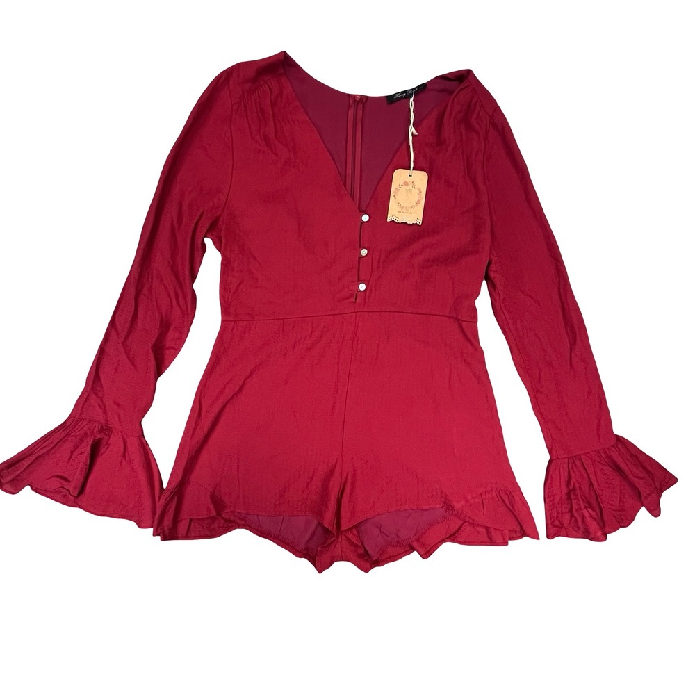 Honey Punch NWT Women Romper Red Bell Sleeve Ruffle Boho Festival Fairycore L‎